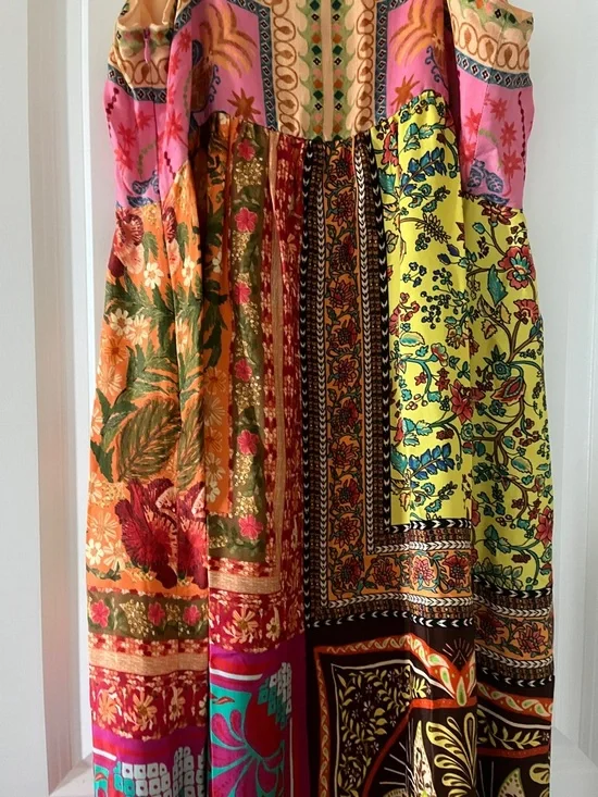 🩷💫FARM RIO DRESS💚✨🩵 Multicolor Patchwork Midi Dress with Spaghetti Straps💛 - Picture 11 of 12